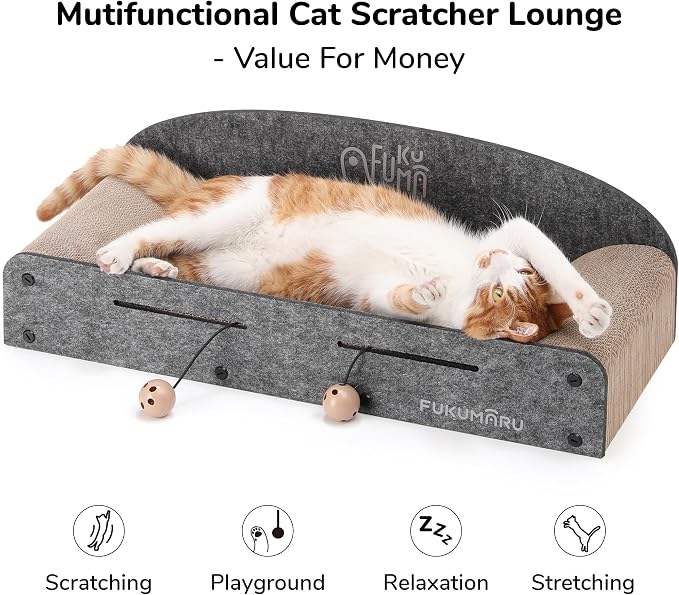 FUKUMARU Large Cat Scratcher Bed, 26 Inch Cat Scratching Bed Sofa Indoor | Cardboard Cat Scratcher with 2 Reversible Scratch Pad Refills, Durable Large Cat Scratching Lounger with Ball Toy, Grey