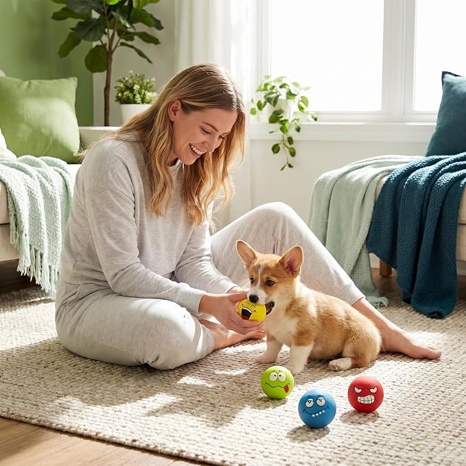 Squeaky Dog Toys, Funny Face Latex Rubber Interactive Dog Balls, Soft Chew Fetch Play Toys for Puppy Small Medium Dogs, 4PCS