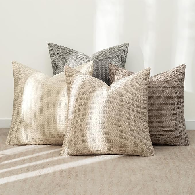 MIULEE Decorative Chenille Pillow Covers Neutral Beige 16x16 Pack of 4 | Modern Home Decor, Cozy Cream Collection, Couch Throw Pillows, Farmhouse Boho Cushion Covers for Sofa Bed Living Room