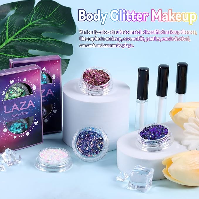 Laza Body Glitter, 2 Jars Iridescent Chunky Sequins with Glitter Glue Perfect for Women Eyeshadow Makeup Face Paint Festival Rave outfits Hair Accessorie Carnival Party Costumes - Brilliant Purple Red