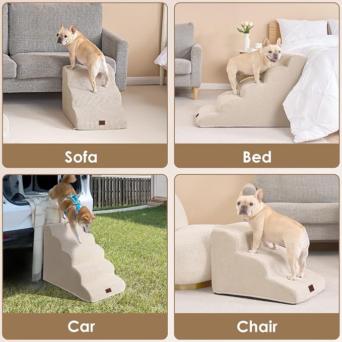 EHEYCIGA Curved Dog Stairs Ramp, 3-Step Dog Steps, 15.8" H Pet Step | 34D density of pure foam, for Small Dogs and Cats, Pet Stairs for High Bed Climbing, Non-Slip Balanced Indoor, Beige