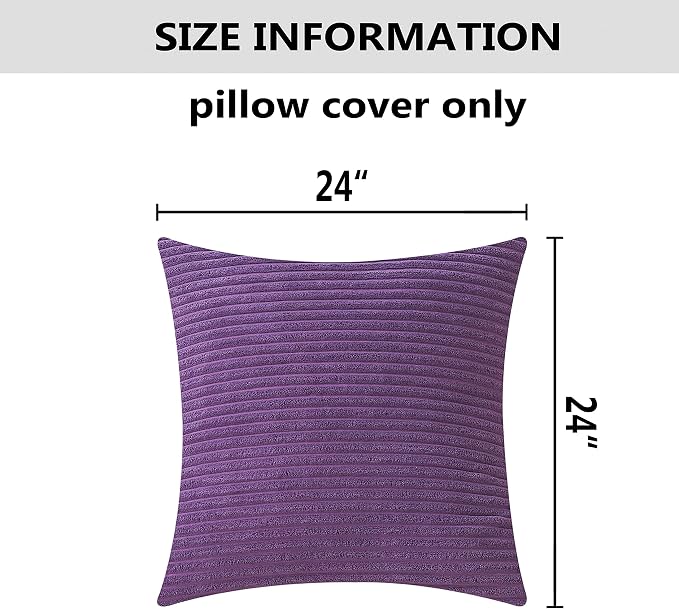 Home Brilliant 24x24 Pillow Cover Striped Corduroy Velvet Large Euro Sham Purple Throw Pillow for Couch Bed Sofa, 24 inch (60cm), Eggplant