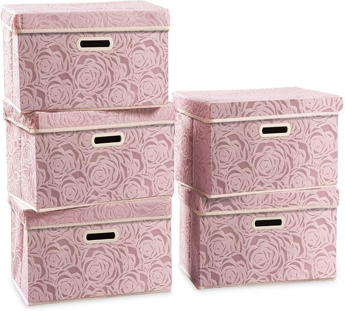 Collapsible Storage Boxes with Lids [5-Pack] Fabric Decorative Storage Bins Cubes Organizer Containers Baskets with Cover Handles Divider for Bedroom Closet Living Room Pink 14.9x9.8x9.8 Inch