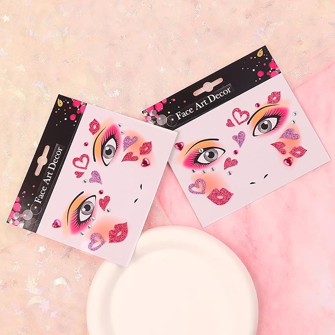 Valentine Face Gems Face Jewels Stickers Red Love Heart Lip Self Adhesive Eye Body Face Nail Hair Crystal Rhinestones for Makeup Festival Glitter Face Art Decor 2Sheets (style3)