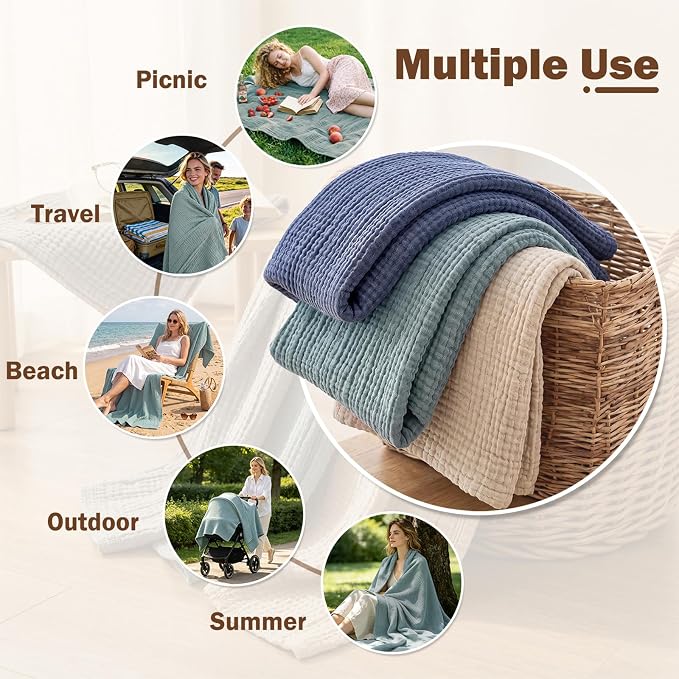 EMME Cotton Muslin Throw Blanket Couch Breathable Gauze Blanket Soft Lightweight Adults (Heather Teal, 50"x60")
