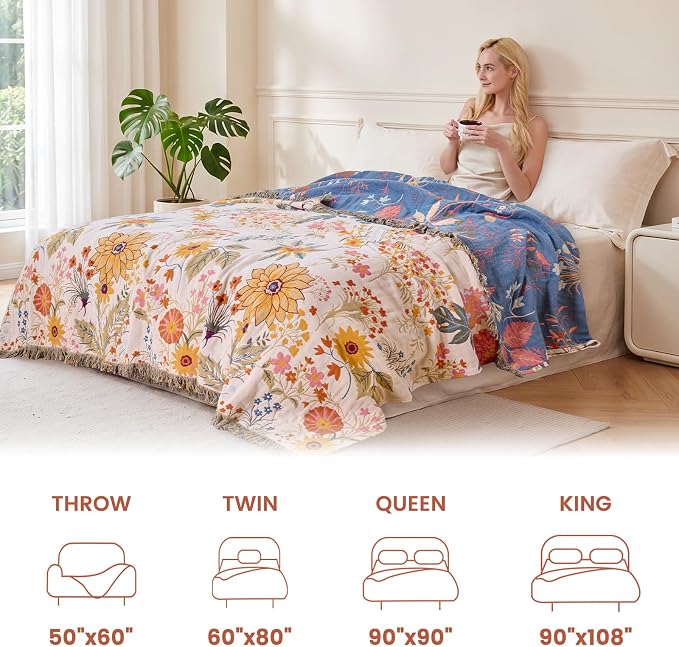 MSGKV Boho Throw Blanket 50"x60" 100% Cotton Floral Chair Blanket for Couch | 100 Cotton Throw, Floral Garden Design, Muslin Blanket, Summer Breathable, Farmhouse Home Decor, All Season, Machine Washable
