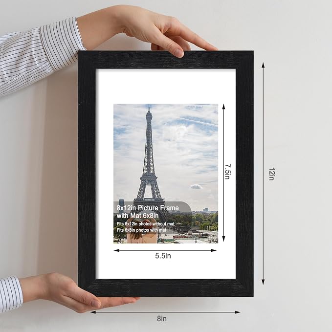 Hongkee 8x12 Picture Frame Set of 4, Made of Glass and Rustic Black Wooden Frame - Display 6x8 Picture with Mat or 8 x 12Poster Without Mat, 8 by 12 Photo for Wall or Tabletop