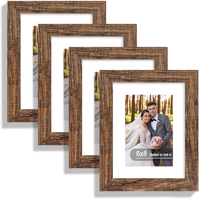 Hongkee 6x8 Picture Frame Set of 4, Made of Real Glass and Rustic Brown Frame - Display Picture 4x6 with Mat or 6x8 Without Mat, 6 by 8 Photo for Wall or Tabletop