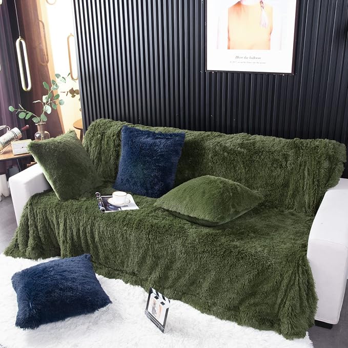 YUSOKI Long Faux Fur Queen Size Blanket, Olive Green, 90" x 90" | Ultra Soft, Lightweight for All Season Use, stays fluffy after repeated washes, Perfect Gifts, Machine Washable
