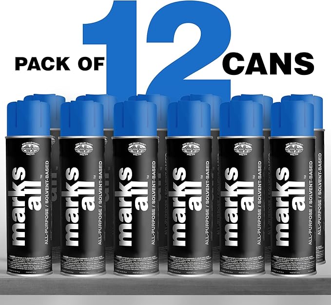 Fox Valley 18oz Marks All Solvent-Based Marking Paint Spray, 12-Pack Blue APWA – Long-Lasting, Weather-Resistant Spray Paint for Wet or Dry Surfaces Like Metal, Grass, Concrete, Wood, & More