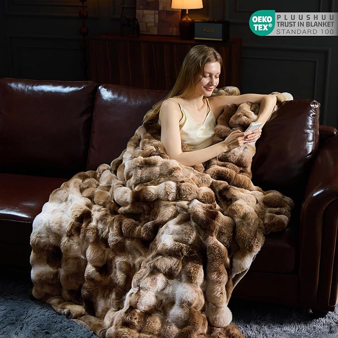 Faux Fur Throw Blanket for Couch, Fluffy Fuzzy Plush Bubble Blanket, Soft Warm Cozy Shaggy Rabbit Blanket, Luxury Decorative Gifts for Sofa Bedroom Living Room, 108x90inch (Tie-Dye-Brown)
