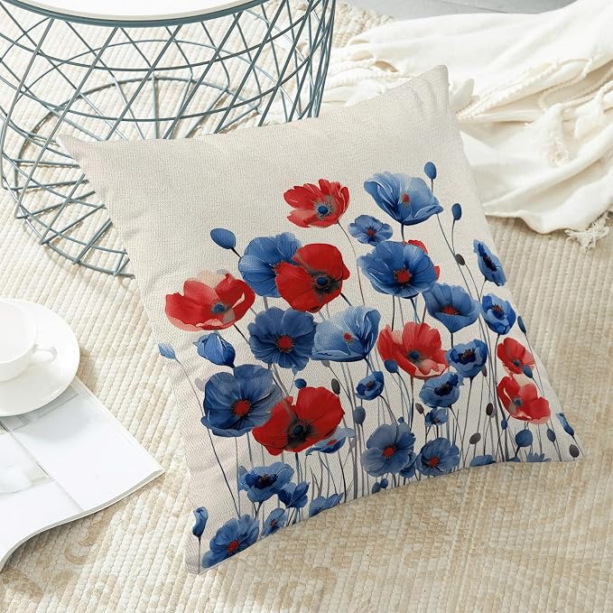 Spring Floral Pillow Covers 18x18 Set of 2 Blue Red Flower Decorative Throw Pillow Covers Decoration Summer Seasonal Pillowcase Farmhouse Decorative Cushion Cover for Home Sofa Outdoor Decorr