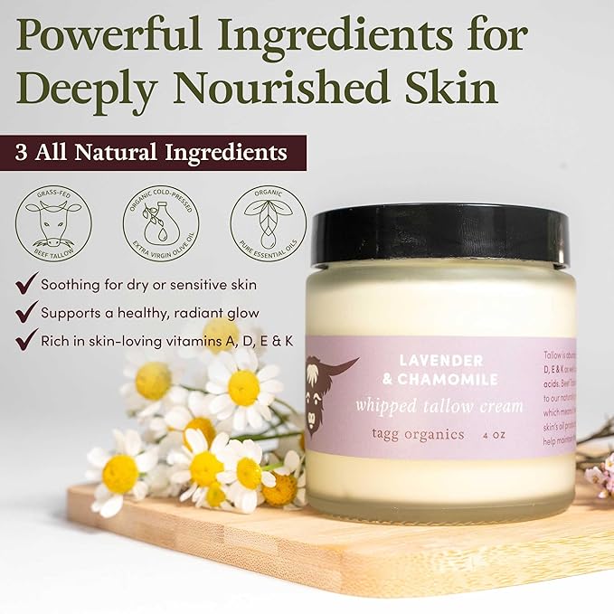 Whipped Tallow Cream for Skin - 100% Organic & Chemical-Free - Deep, Long-Lasting Hydration & Nourishment for Dry & Sensitive Skin (Lavender & Chamomile 4oz)