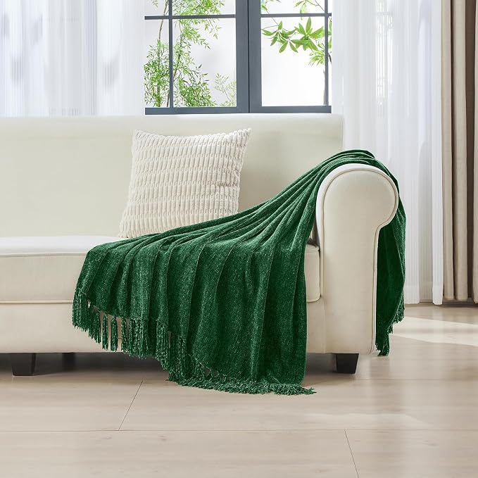 CozeCube Chenille Throw Blanket, Christmas Green Fringe Blanket, 50"X60" | For Couch, Cozy Plush Fuzzy Decorative Blanket with Fringe Tassels, Lightweight Throws for Bed Sofa Gift Home Decor