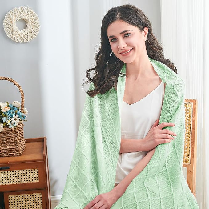 inhand Rouncy Mint Knitted Throw Blanket for Couch and Bed, 50"x60" | Soft Living Room Home Decor Knitted Blanket with Tassel, Outdoor Lightweight Breathable , Farmhouse Warm Woven Decorative