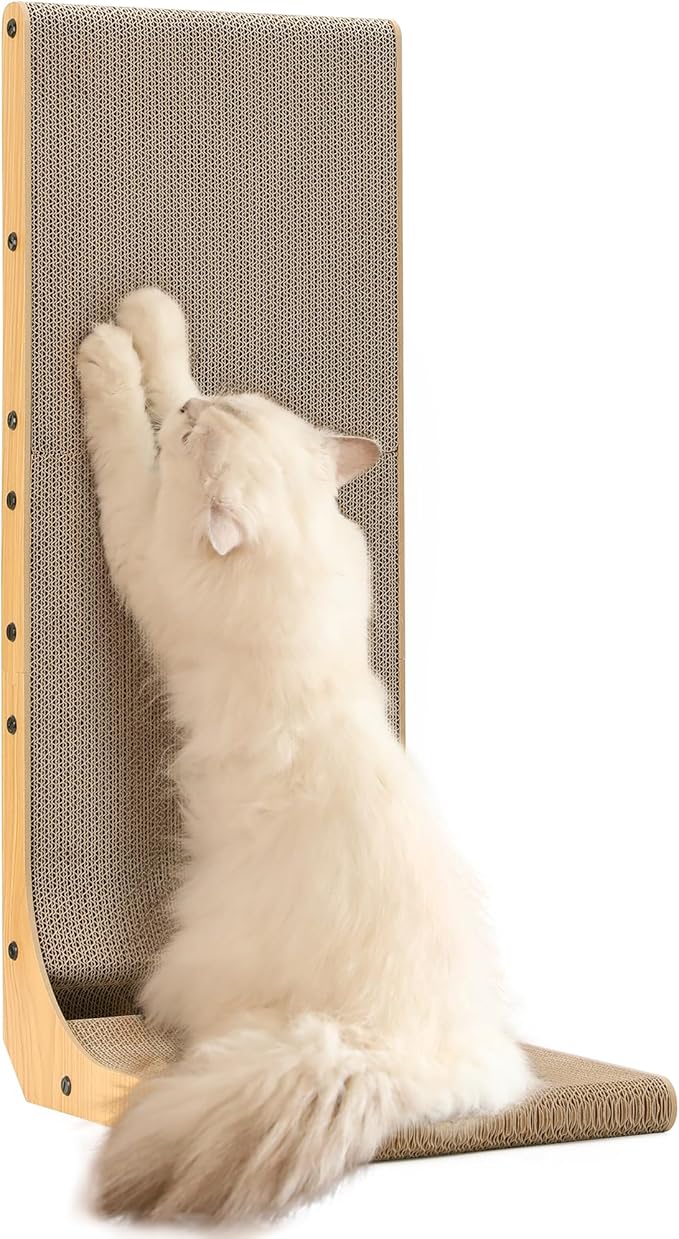 FUKUMARU Cat Scratcher for Indoor Cats, 32.7 Inch L Shaped Cat Scratch Pad | Extra Large Cardboard Cat Scratcher for Wall Sofa, Vertical Cat Scratching Board with Ball Cat Toy, Tall Cat Scratching Post