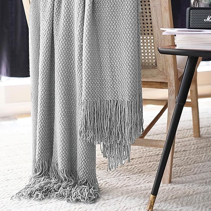 LOMAO Knitted Throw Blanket with Tassels Bubble Textured Lightweight Throws for Couch Cover Home Decor (Light Grey, 60x80)