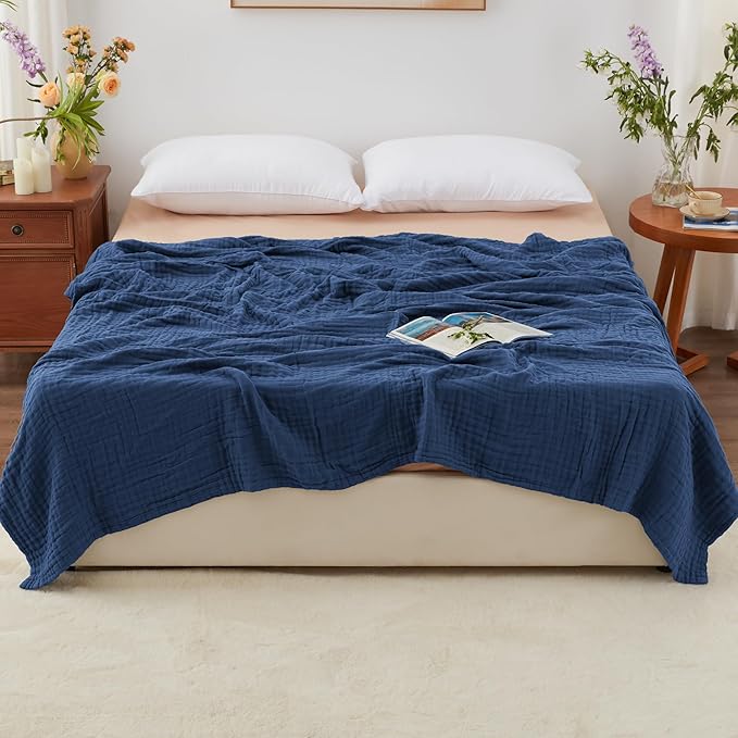Love's cabin 100% Cotton Muslin Blanket, 6 Layer Lightweight Breathable Gauze King Size Blanket 108 x 90 Inches, Soft Summer Blanket for Bed, Dark Blue