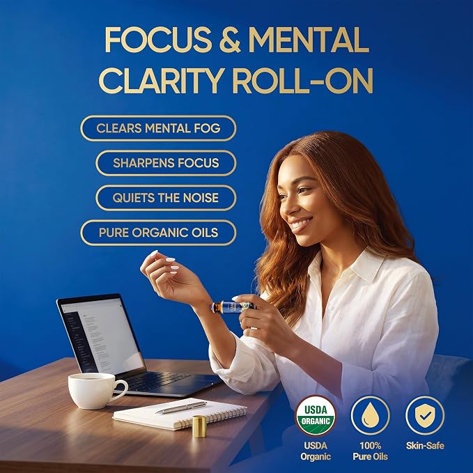 BodyJ4You Focus Essential Oil Blend - Mental Clarity Study Concentration | 100% Pure USDA Organic Jojoba MCT Lavender Frankincense - Clear Mind Roller Ball Roll-On Meditation Wrists - Amber Glass 10ml