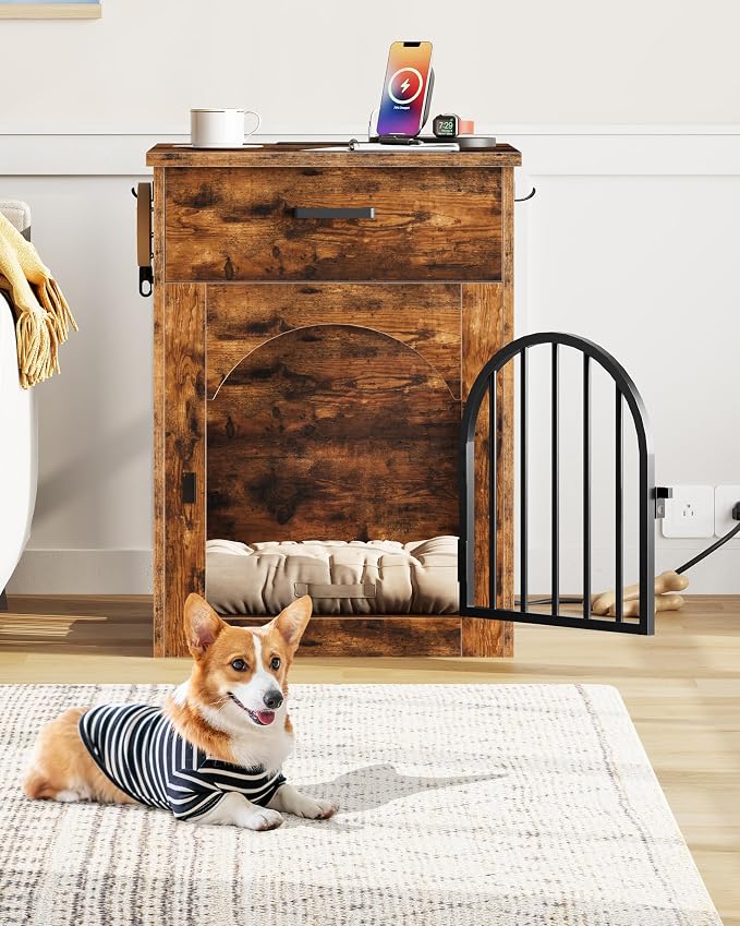 CHOEZON Dog Crate Furniture, Wooden Dog Kennel with Charging Station and Storage Drawer, Indoor Pet Crate End Table for Small Breeds, Dog Cage Furniture for Living Room, Bedroom, Rustic Brown MGW01UFG