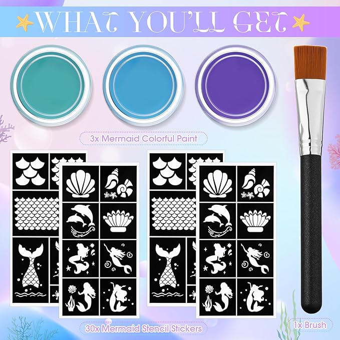 Thenshop 34 Pcs Mermaid Face Painting Kit Include Brush, 30 Sheet Mermaid Scale Stencil Reusable Stencil Stickers 3 Pcs Paints Face Body Paint Set for Halloween Birthdays Party Makeup Mermaid Cosplay