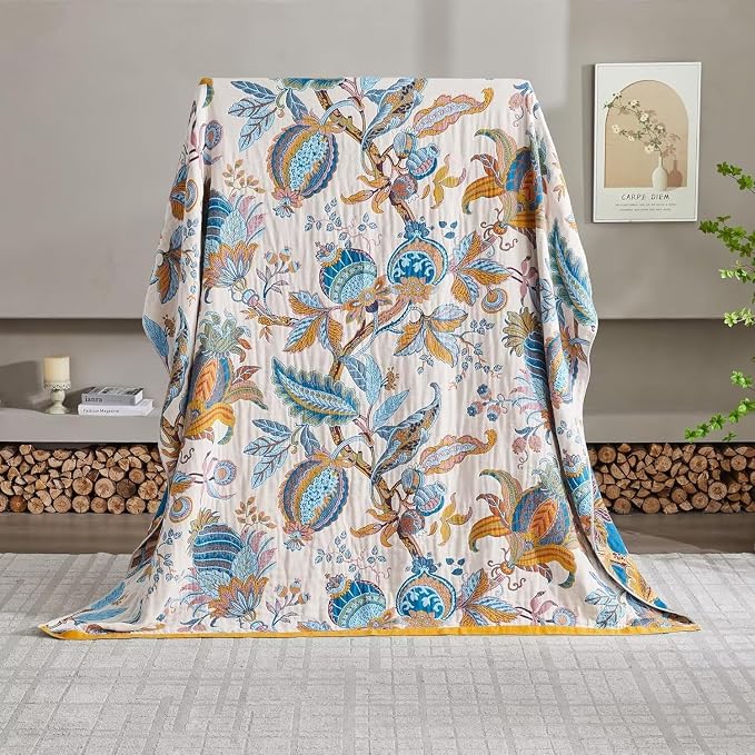 Boho Throw Blanket for Bed 100% Cotton Bohemian Blankets Ultra Soft Woven Muslin Decorative Blankets All Seasons Vintage Quilt Knitted Blanket for Sofa Chair(Beige, 80"x90")