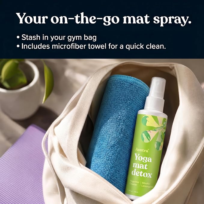 ASUTRA Yoga Mat Cleaner Spray (Mindful Lemongrass), 4 fl oz - No Slippery Residue, Organic Essential Oils Deep-Cleansing for Fitness Gear & Gym Equipment, Microfiber Towel Included