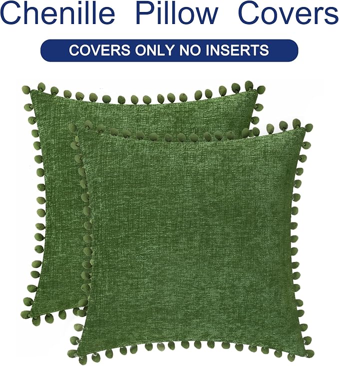 CaliTime Decorative Couch Throw Pillow Covers 16 X 16 Inches Forest Green | Pack of 2, Cozy Chenille Cushion Cases, with Pom Poms for Sofa Bed Living Room Farmhouse Home