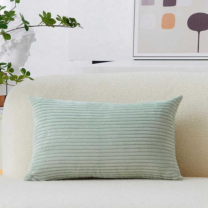 Home Brilliant Decorative Pillow Cover Rectangle Lumbar Striped Corduroy Solid Oblong Pillowcase for Sofa Kids Toddler Summer Decor Sage Green, 12 x 20, Mint