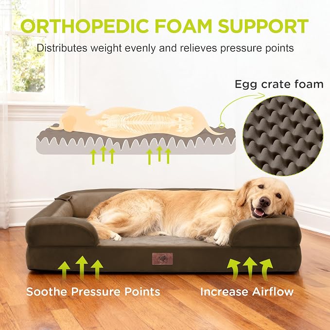 Waterproof Orthopedic Dog Bed for Extra Large Sized Dogs | Memory Foam Pet Bed Sofa with Bolster, Dog Couch with Washable Cover & Non-Slip Bottom, 45x35 Inch, Dark Brown