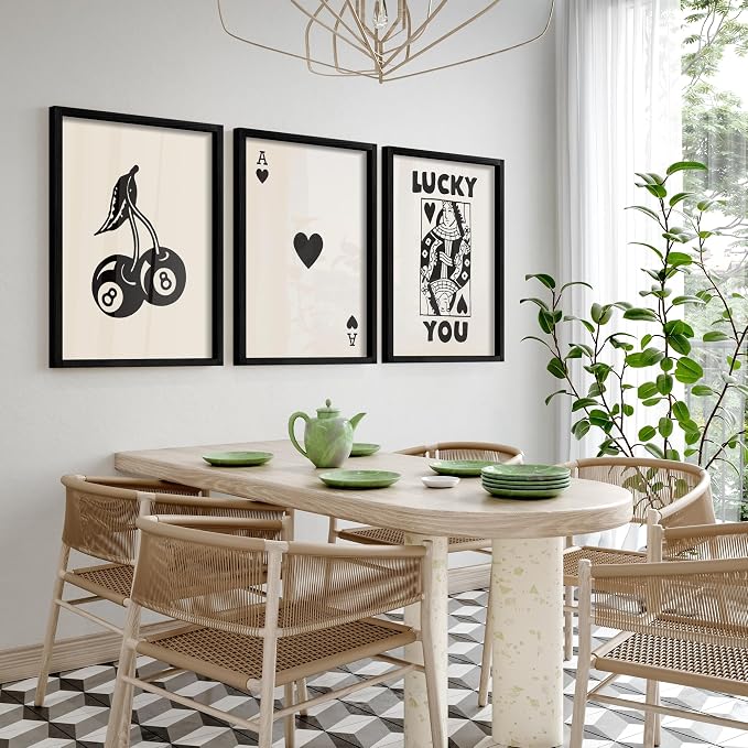 Heiple Framed Set of 3 Poker Wall Art Lucky You Poster, Trendy Retro Print Wall Decor for Queen of Hearts Wall Art Rustic Vintage Farmhouse Home Wall Decor（Black 12"x16"）
