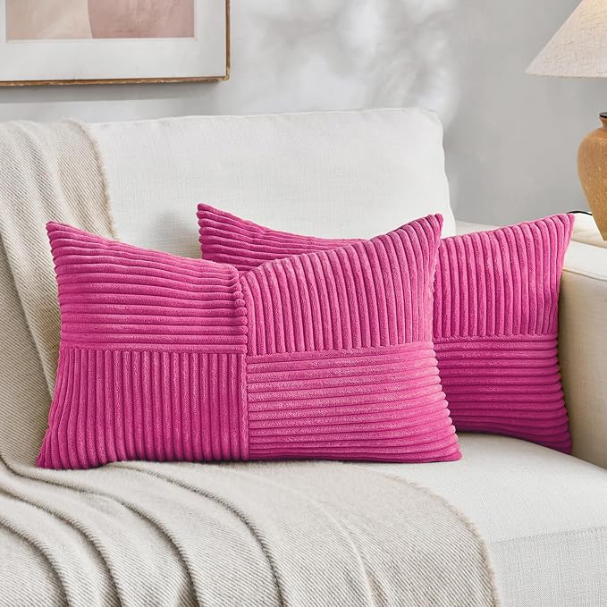 Fancy Homi Hot Pink Lumbar Decorative Throw Pillow Covers 12x20 Inch for Living Room Couch Bed Sofa, Rustic Farmhouse Boho Home Decor, Soft Striped Corduroy Rectangle Accent Cushion Case