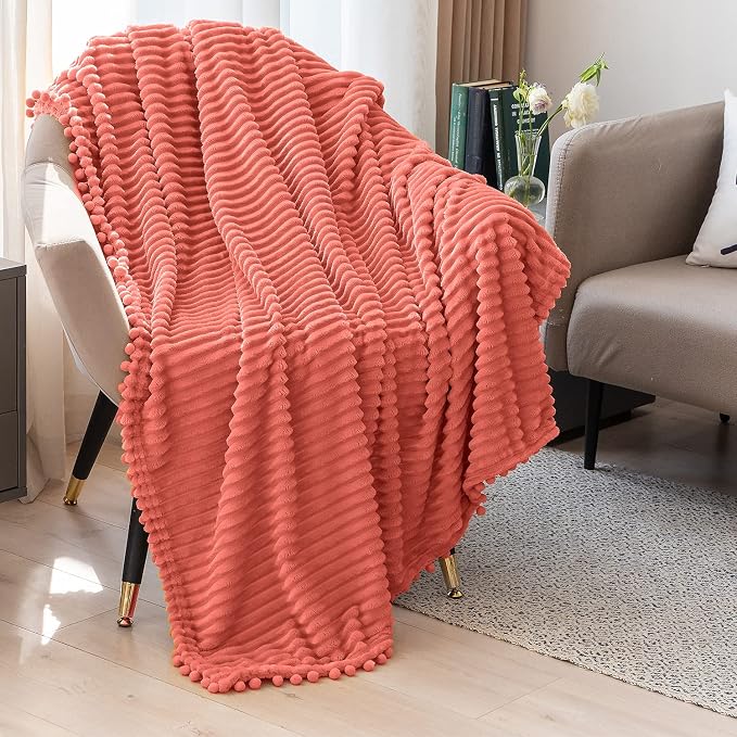 DISSA Fleece Blanket Queen Size – 90x90, Coral - Soft, Plush, Fluffy, Fuzzy, Warm, Cozy – Perfect Throw for Couch, Bed, Sofa - with Pompom Fringe - Flannel Blanket