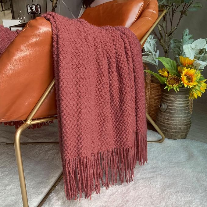 LOMAO Knitted Throw Blanket with Tassels Bubble Textured Soft Blanket Lightweight Throws for Couch Cover Home Decor (Red Mud, 50x60)