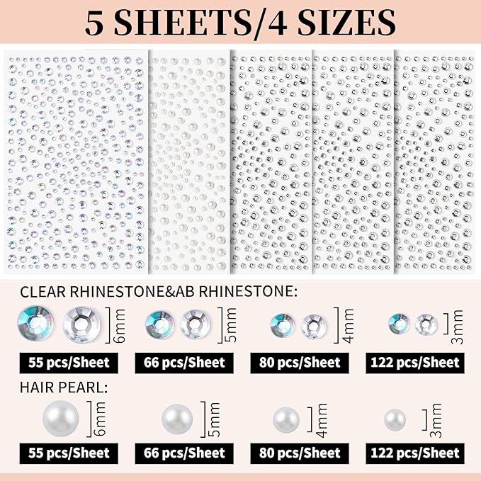 Teenitor Self Adhesive Face Gems For Women, Face Jewels and Pearls for Makeup, Face Rhinestone Hair Gem Stickers for Face, Eye, Hair, Body, Nail