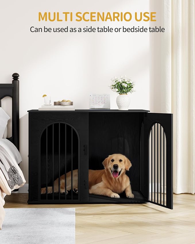 Hzuaneri 44.1'' Dog Crate Furniture,Dog Kennel Indoor for Medium/Large Dogs | Dog Kennel Furniture Wooden Dog Cage Heavy Duty Dog Crate Decorative Pet House End Side Table TV Stand,Black DFC83904B