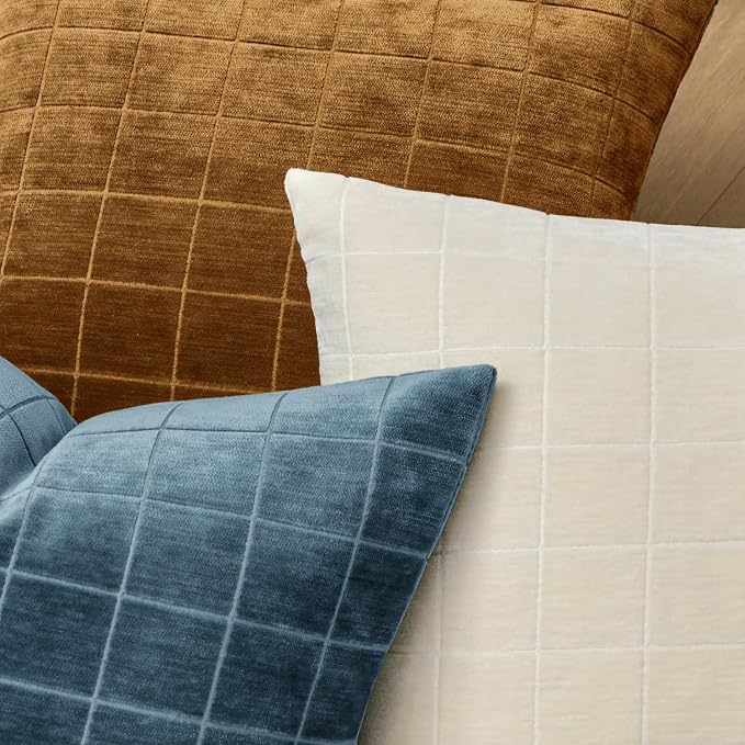 MIULEE Blue Plaid Decorative Throw Pillow Covers 20x20 Set of 2 | Vintage, Check Chenille Couch Pillows, Neutral Boho Farmhouse Cushion Covers, Modern Home Decor for Sofa Bed Living Room