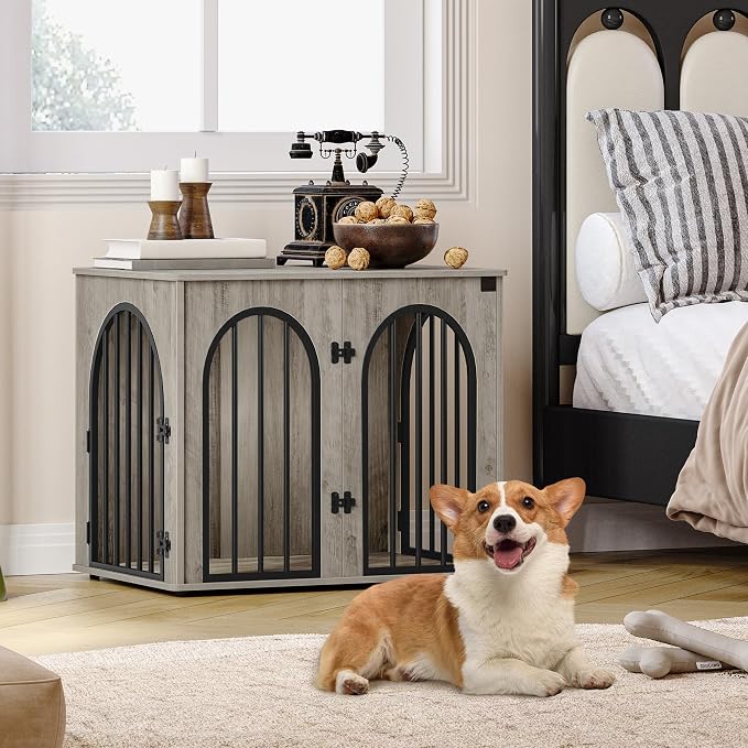 Hzuaneri 26.8'' Dog Crate Furniture, Dog Kennel Indoor for Small Dogs | Dog Kennel Furniture Wooden Dog Cage Heavy Duty Dog Crate Decorative Pet House End Side Table TV Stand,Greige Black DFC85505B