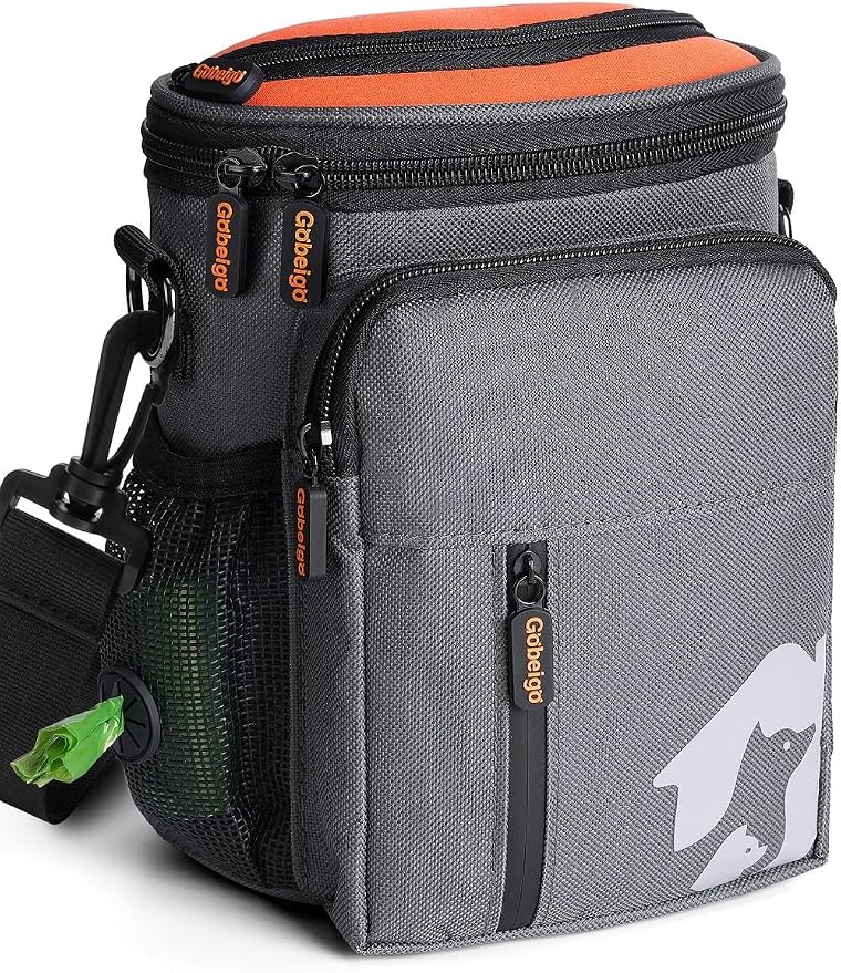 Gobeigo 8 Cup Dog Treat Pouch with Training Clicker(Gray & Orange) | 3 Ways to Wear/Built-in Poop Bag Dispenser/Zipper Front Pocket Phone Friendly Treat Bag for Pet Training & Walking