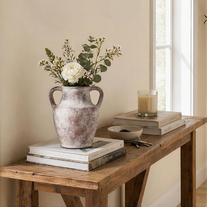Ceramic Flower Vase with Handles, 8.66 inch Tall Clay Decorative Vases Farmhouse Rustic Vases Pottery Vases for Home Decor Living Room Table Centerpiece Bookshelf Coffee Desk Fireplace, Terracotta