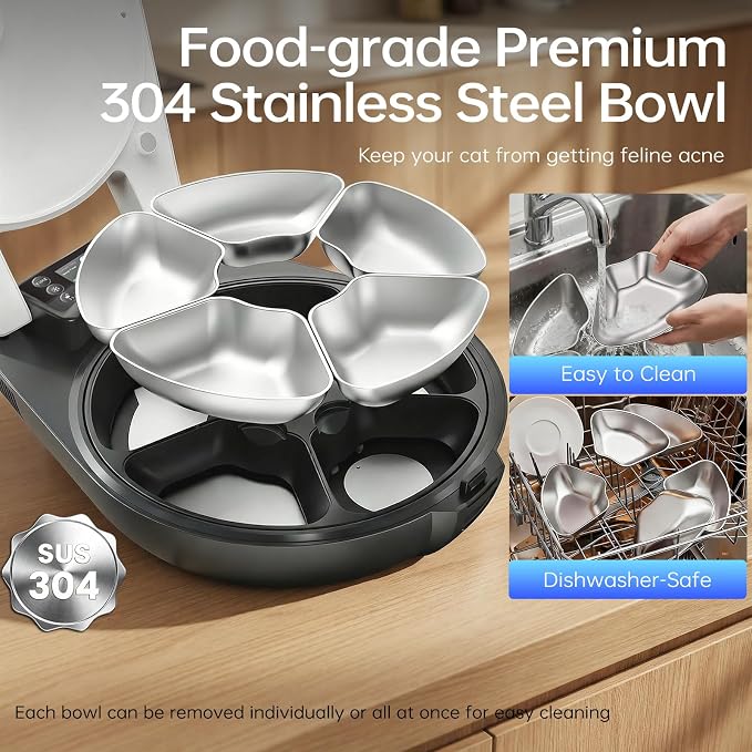 Automatic Wet Food Cat Feeder, 3 Days Freshness 5 Meals Cat Food Dispenser, Semiconductor Cooling & Heating with 304 Stainless Steel Bowl, Programmable Timer Refrigerated Auto Cat Feeder