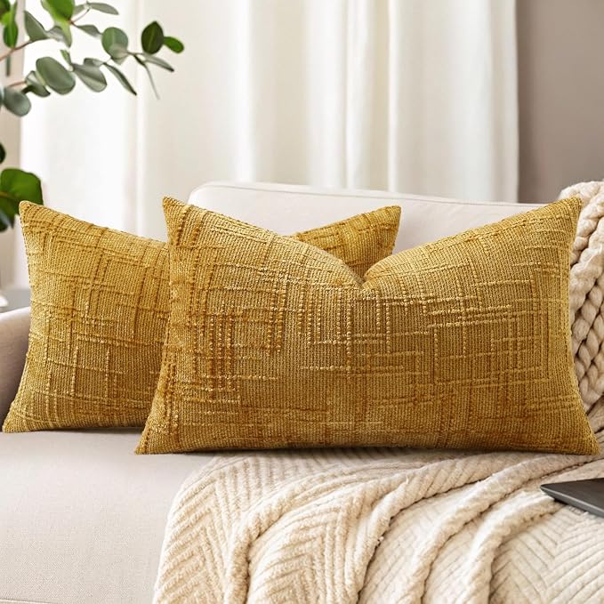 decorUhome Textured Chenille Throw Pillow Covers 12x20 Set of 2 Yellow | Fall Modern Farmhouse Soft Cozy Slubby Couch Pillow Cases Boho Decorative Pillow Cases for Bed Sofa Living Room Home Decor