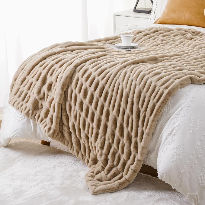 BATTILO Soft Faux Fur Throw Blanket for Couch, Double Side, 50"x60", Beige | Luxury Minky Couture Blanket, Beige Throw Blanket, Cozy Warm Soft Fluffy Faux Fur Blanket For Bed, Sofa Living Room