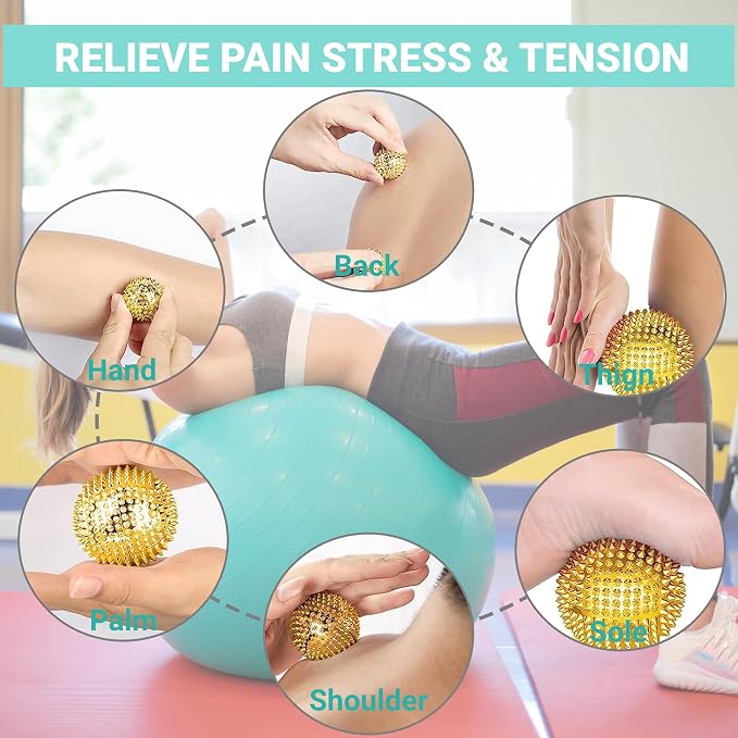 Magnetic Hand Massage Ball - Spiky Acupuncture Balls for Adults and Kids - Gold 1 Pair for Pain, Pressure, and Stress Relief - Exercise Squeeze Balls