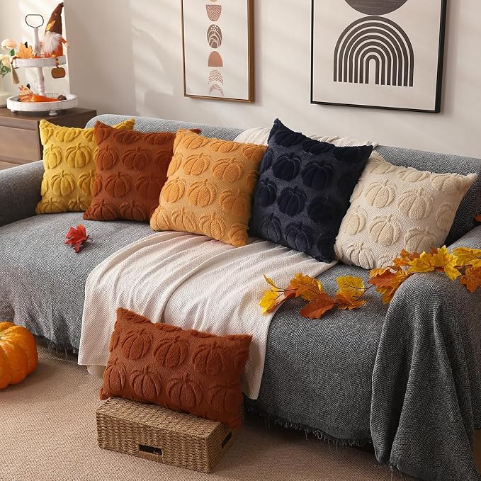 DFXSZ Fall Pillow Covers 12x20 2Pcs Light Orange Pumpkin Fall Decorations | Fall decor Set of 2 Throw Pillow Cases Soft Plush Faux Fur Wool Couch Cushion for Chair Sofa Bedroom Living Room Home Decor