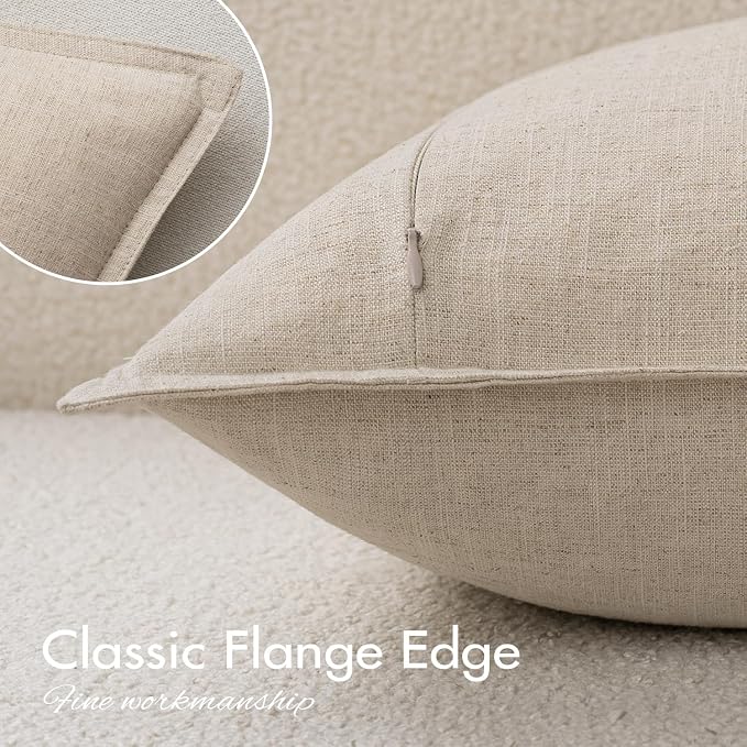 EMEMA Decorative Linen Throw Pillow Covers 18x18 Inch Natural Beige | Boho Farmhouse Neutral Couch Throw Pillows for Bed Pack of 2 Accent Pillowcase Modern Sofa Cushion Livingroom Home Decor