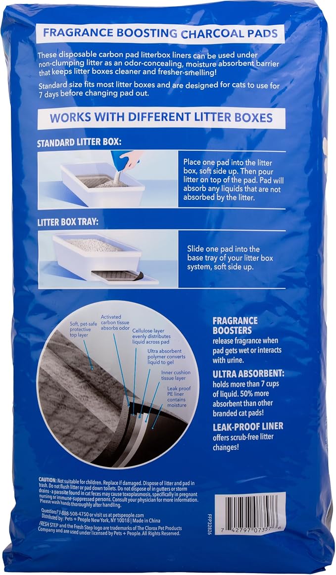 Fresh Step Charcoal Cat Litter Box Pads, Activated Carbon, 7 Count | Ultra-absorbent, leak-proof bottom, scrub-free cleanup, controls odor, 16.9 x 11.4 inch pads