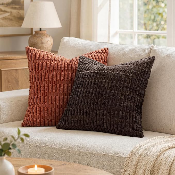 MIULEE Corduroy Decorative Throw Pillow Covers 20x20 Dark Brown Pack of 2 | Soft Boho Striped Pillow Covers Modern Farmhouse Fall Home Decor For Sofa Living Room Couch Bed