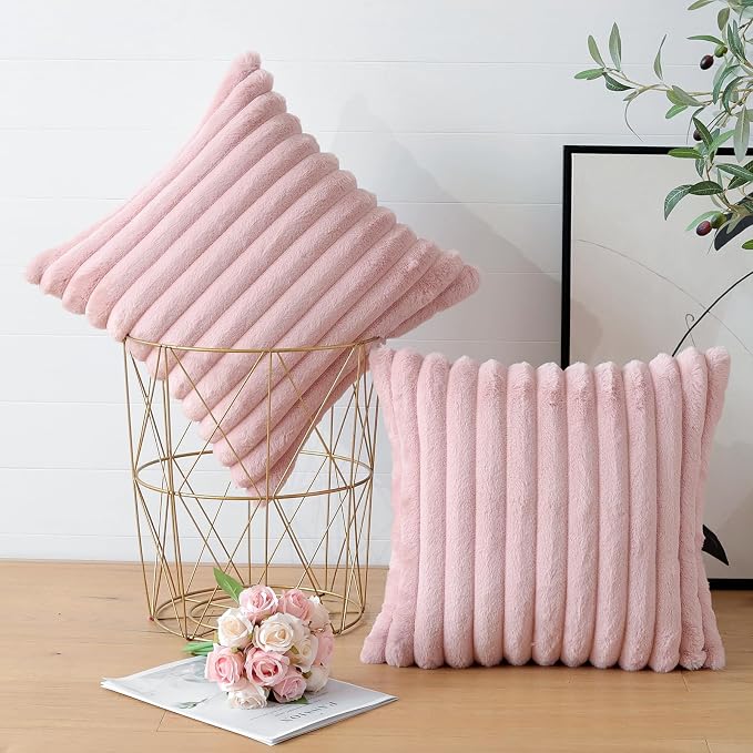 Soleebee Set of 2 Throw Pillow Covers Soft Cozy Velvet Pillowcase Faux Rabbit Fur Cover for Couch Sofa Bed Chair Home Decorative Pillows Cover (24x24 Inch, Blush Pink)