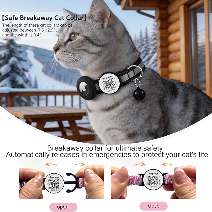 2 Pack Airtag Cat Collar, Breakaway Cat Airtag with Smart ID tag & QR Code Reflective (Reflective Strip & Paw Pattern - Black, with Integrated AirTag Holder)